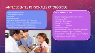 ANTECEDENTES PERSONALES PATOLÓGICOS
Edad del padecimiento
Tipo de padecimiento
Evolución
Complicaciones
Ejm: A los 3 años. Varicela que curso con
Neumonía, ameritó hospitalización 2 semanas,
posteriormente evolución satisfactoria.
Traumáticos, alérgicos y transfusionales
PADECIMIENTO ACTUAL
Desglosar signos y síntomas de manera
cronológica. Ejm:
Inicia hace 2 meses con:
Edema...........2meses
Disnea...........1 semana
Tos------------2 días
Posteriormente hacer la semiología detallada
de cada uno de los signos y síntomas,
incluyendo los medicamentos que recibió y la
respuesta que tuvo con ellos.
 