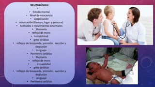 NEUROLÓGICO
•
• Estado mental
• Nivel de conciencia
• cooperación
• orientación (tiempo, lugar y persona)
• Actitudes o movimientos anormales
• Memoria
• reflejo de moro
• irritabilidad
• grito cefálico
• reflejos de búsqueda, prensión , succión y
deglución
• Lenguaje
• Perímetro cefálico
• Memoria
• reflejo de moro
• irritabilidad
• grito cefálico
• reflejos de búsqueda, prensión , succión y
deglución
• Lenguaje
• Perímetro cefálico
 