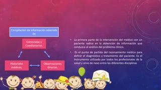 • La primera parte de la intervención del médico con un
paciente radica en la obtención de información que
conduzca al análisis del problema clínico.
• Es el punto de partida del razonamiento médico para
definir el diagnóstico y tratamiento del paciente. Es el
instrumento utilizado por todos los profesionales de la
salud y sirve de nexo entre las diferentes disciplinasHistoriales
médicos.
Observaciones
directas.
Entrevistas y
Cuestionarios.
Compilación de información obtenida
de
 