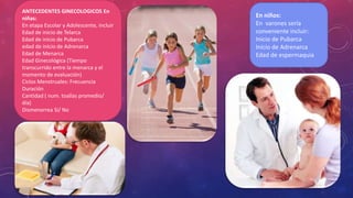 ANTECEDENTES GINECOLOGICOS En
niñas:
En etapa Escolar y Adolescente, incluir
Edad de inicio de Telarca
Edad de inicio de Pubarca
edad de inIcio de Adrenarca
Edad de Menarca
Edad Ginecológica (Tiempo
transcurrido entre la menarca y el
momento de evaluación)
Ciclos Menstruales: Frecuencia
Duración
Cantidad ( num. toallas promedio/
día)
Dismenorrea Si/ No
En niños:
En varones sería
conveniente incluir:
Inicio de Pubarca
Inicio de Adrenarca
Edad de espermaquia
 