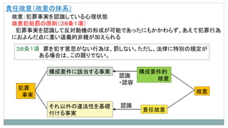 責任故意（故意の体系）
故意：犯罪事実を認識している心理状態
故意犯処罰の原則（３８条１項）
犯罪事実を認識して反対動機の形成が可能であったにもかかわらず、あえて犯罪行為
におよんだ点に重い道義的非難が加えられる
犯罪
事実
構成要件に該当する事実
それ以外の違法性を基礎
付ける事実
構成要件的
故意
責任故意
故意
認識
・認容
認識
３８条１項 罪を犯す意思がない行為は、罰しない。ただし、法律に特別の規定が
ある場合は、この限りでない。
 