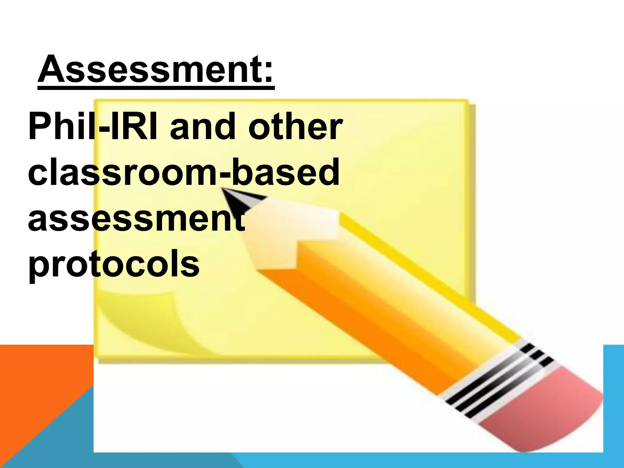 Assessment:
Phil-IRI and other
classroom-based
assessment
protocols
 