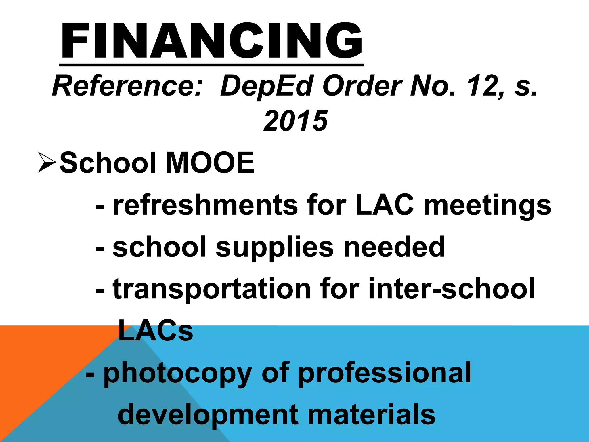 FINANCING
Reference: DepEd Order No. 12, s.
2015
School MOOE
- refreshments for LAC meetings
- school supplies needed
- transportation for inter-school
LACs
- photocopy of professional
development materials
 