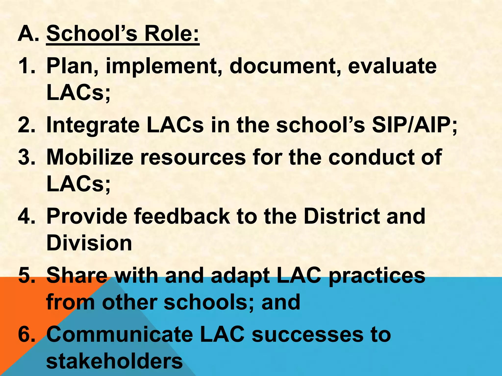 A. School’s Role:
1. Plan, implement, document, evaluate
LACs;
2. Integrate LACs in the school’s SIP/AIP;
3. Mobilize resources for the conduct of
LACs;
4. Provide feedback to the District and
Division
5. Share with and adapt LAC practices
from other schools; and
6. Communicate LAC successes to
stakeholders
 