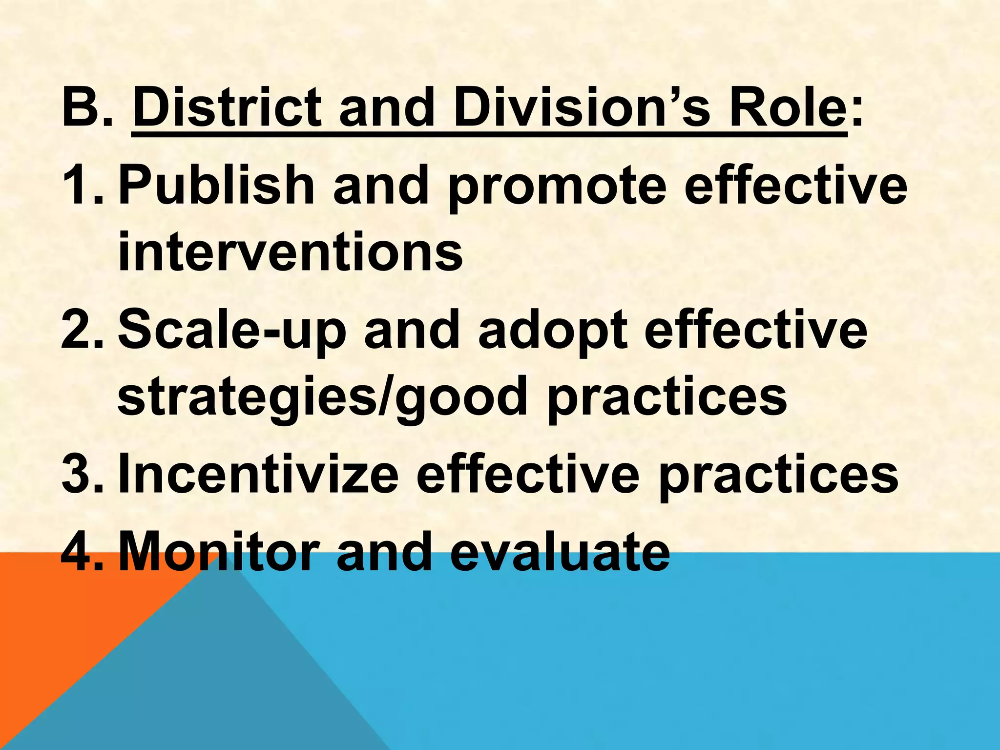 B. District and Division’s Role:
1. Publish and promote effective
interventions
2. Scale-up and adopt effective
strategies/good practices
3. Incentivize effective practices
4. Monitor and evaluate
 