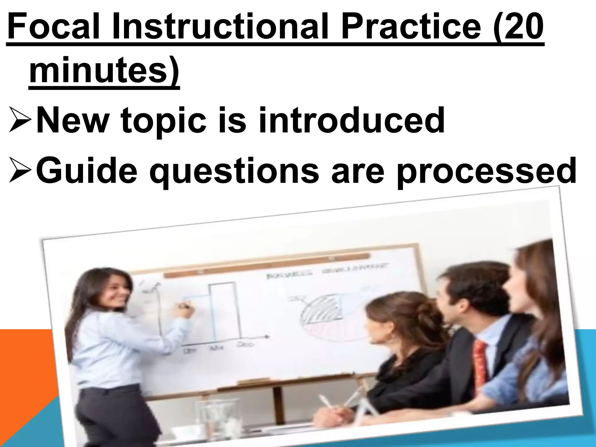 Focal Instructional Practice (20
minutes)
New topic is introduced
Guide questions are processed
 
