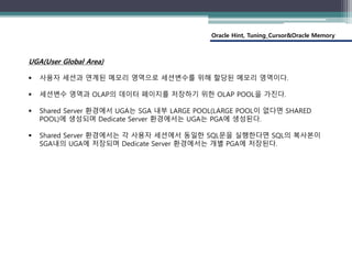 Oracle Hint, Tuning_Cursor&Oracle Memory
UGA(User Global Area)
 사용자 세션과 연계된 메모리 영역으로 세션변수를 위해 할당된 메모리 영역이다.
 세션변수 영역과 OLAP의 데이터 페이지를 저장하기 위한 OLAP POOL을 가진다.
 Shared Server 환경에서 UGA는 SGA 내부 LARGE POOL(LARGE POOL이 없다면 SHARED
POOL)에 생성되며 Dedicate Server 환경에서는 UGA는 PGA에 생성된다.
 Shared Server 환경에서는 각 사용자 세션에서 동일한 SQL문을 실행한다면 SQL의 복사본이
SGA내의 UGA에 저장되며 Dedicate Server 환경에서는 개별 PGA에 저장된다.
 