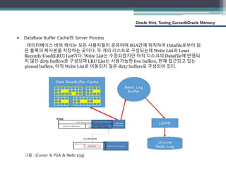 Oracle Hint, Tuning_Cursor&Oracle Memory
 DataBase Buffer Cache와 Server Process
데이터베이스 버퍼 캐시는 모든 사용자들이 공유하며 SGA안에 위치하여 Datafile로부터 읽
은 블록의 복사본을 저장하는 곳이다. 두 개의 리스트로 구성되는데 Write List와 Least
Recently Used(LRU) List이다. Write List는 수정되었지만 아직 디스크의 DataFile에 반영되
지 않은 dirty buffers로 구성되며 LRU List는 사용가능한 free buffers, 현재 접근되고 있는
pinned buffers, 아직 Write List로 이동되지 않은 dirty buffers로 구성되어 있다.
그림 : [Cursor & PGA & Redo Log]
 