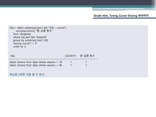 Oracle Hint, Tuning_Cursor Sharing 파라미터
SQL> select substr(sql_text,1,50) "SQL", count(*),
sum(executions) "총 실행 횟수"
from v$sqlarea
where sql_text like '%dept%'
group by substr(sql_text,1,50)
having count(*) > 0
order by 2;
SQL COUNT(*) 총 실행 횟수
---------- ------------------------------------------------------------------------
select dname from dept where deptno = 10 1 1
select dname from dept where deptno = 40 1 1
파싱을 2번한 것을 알 수 있다.
 