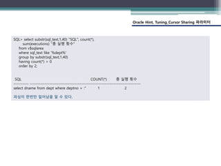 Oracle Hint, Tuning_Cursor Sharing 파라미터
SQL> select substr(sql_text,1,40) "SQL", count(*),
sum(executions) "총 실행 횟수"
from v$sqlarea
where sql_text like '%dept%'
group by substr(sql_text,1,40)
having count(*) > 0
order by 2;
SQL COUNT(*) 총 실행 횟수
---------- --------------------------------------------------------------------------
select dname from dept where deptno = :" 1 2
파싱이 한번만 일어남을 알 수 있다.
 