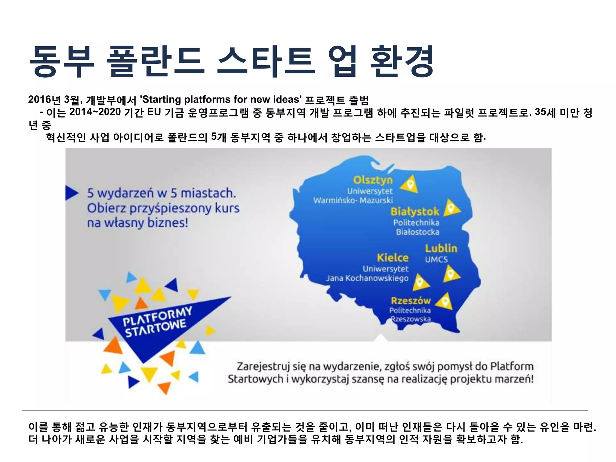 동부 폴란드 스타트 업 환경
2016년 3월, 개발부에서 'Starting platforms for new ideas' 프로젝트 출범
- 이는 2014~2020 기간 EU 기금 운영프로그램 중 동부지역 개발 프로그램 하에 추진되는 파일럿 프로젝트로, 35세 미만 청
년 중
혁신적인 사업 아이디어로 폴란드의 5개 동부지역 중 하나에서 창업하는 스타트업을 대상으로 함.
이를 통해 젊고 유능한 인재가 동부지역으로부터 유출되는 것을 줄이고, 이미 떠난 인재들은 다시 돌아올 수 있는 유인을 마련.
더 나아가 새로운 사업을 시작할 지역을 찾는 예비 기업가들을 유치해 동부지역의 인적 자원을 확보하고자 함.
 