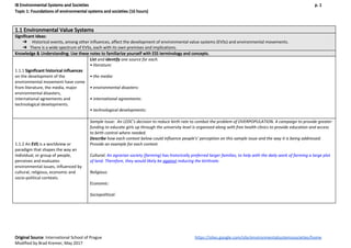 IB Environmental Systems and Societies p. 1
Topic 1: Foundations of environmental systems and societies (16 hours)
1.1 Env...