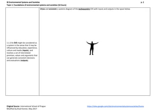 IB Environmental Systems and Societies p. 2
Topic 1: Foundations of environmental systems and societies (16 hours)
1.1.3 A...