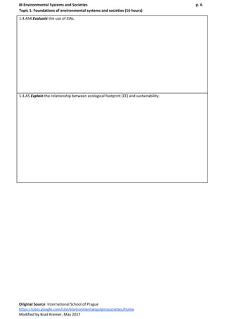 IB Environmental Systems and Societies p. 6
Topic 1: Foundations of environmental systems and societies (16 hours)
1.4.AS4 ​Evaluate​ ​the use of EIAs.
1.4.A5 ​Explain​ ​the relationship between ecological footprint (EF) and sustainability.
Original Source​: International School of Prague
https://sites.google.com/site/environmentalsystemssocieties/home
Modified by Brad Kremer, May 2017
 