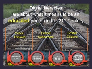 Critical
Consumers
Critical
Citizens
LEARNING
TO BE
LEARNING
TO KNOW
LEARNING
TO DO
LEARNING
TO LIVE
TOGETHER
Critical
Thinkers
Digital literacies
are about what it means to be an
educated person in the 21st Century
 