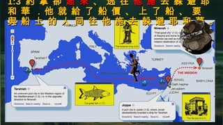 1:31:3 約 拿 卻約 拿 卻 起 來起 來 、 逃 往、 逃 往 他 施他 施 去 躲 避 耶去 躲 避 耶
和 華 ．他 就 給 了 船 價 、 上 了 船 、 要和 華 ．他 就 給 了 船 價 、 上 了 船 、 要
與 船 上 的 人 同 往 他 施 去 躲 避 耶 和 華 。與 船 上 的 人 同 往 他 施 去 躲 避 耶 和 華 。
 