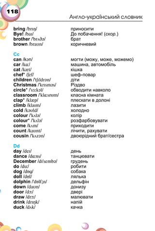 118
Англо-український словник
bring /brIÎ/ приносити
Bye! /baI/ До побачення! (скор.)
brother /ʼbrцDə/ брат
brown /braυn/ коричневий
Сс
can /kən/ могти (можу, може, можемо)
car /k�/ машина, автомобіль
cat /k{t/ кішка
chef* /Sef/ шеф­повар
children /'tʃIldrən/ діти
Christmas /ʼkrIsməs/ Різдво
circle* /ʼsÆ:kəl/ обводити навколо
classroom /ʼkl�srυm/ класна кімната
clap* /kl{p/ плескати в долоні
climb /klaIm/ лазити
cold /kəυld/ холодно
colour /ʼkцlə/ колір
colour* /ʼkцlə/ розфарбовувати
come /kцm/ приходити
count /kaυnt/ лічити, рахувати
cousin /'kцzən/ двоюрідний брат/сестра
Dd
day /deI/ день
dance /d�ns/ танцювати
December /dIʼsembə/ грудень
do /d�/ робити
dog /dБg/ собака
doll /dБl/ лялька
dolphin /ʼdБlfI
ən/ дельфін
down /daυn/ донизу
door /dю/ двері
draw /drю/ малювати
drink /drIÎk/ напій
duck /dцk/ качка
 