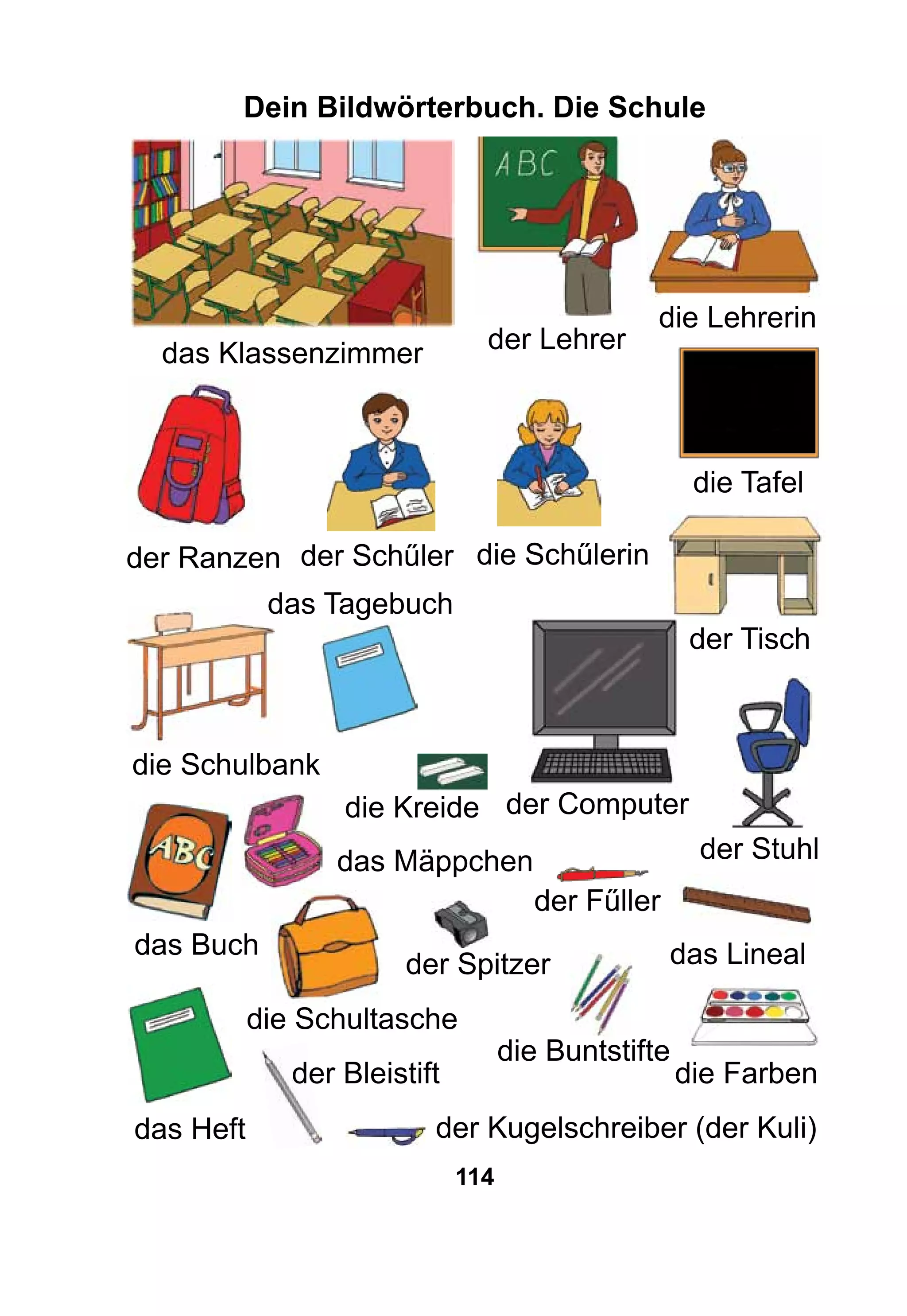 114
Dein Bildwörterbuch. Die Schule
das Klassenzimmer
die Schulbank
der Lehrer
die Lehrerin
die Tafel
der Schűler die Schűlerin
die Schultasche
der Ranzen
der Computer
der Tisch
das Heft
das Buch
der Stuhl
das Lineal
das Tagebuch
das Mäppchen
der Kugelschreiber (der Kuli)
der Fűller
der Spitzer
die Buntstifte
der Bleistift die Farben
die Kreide
 