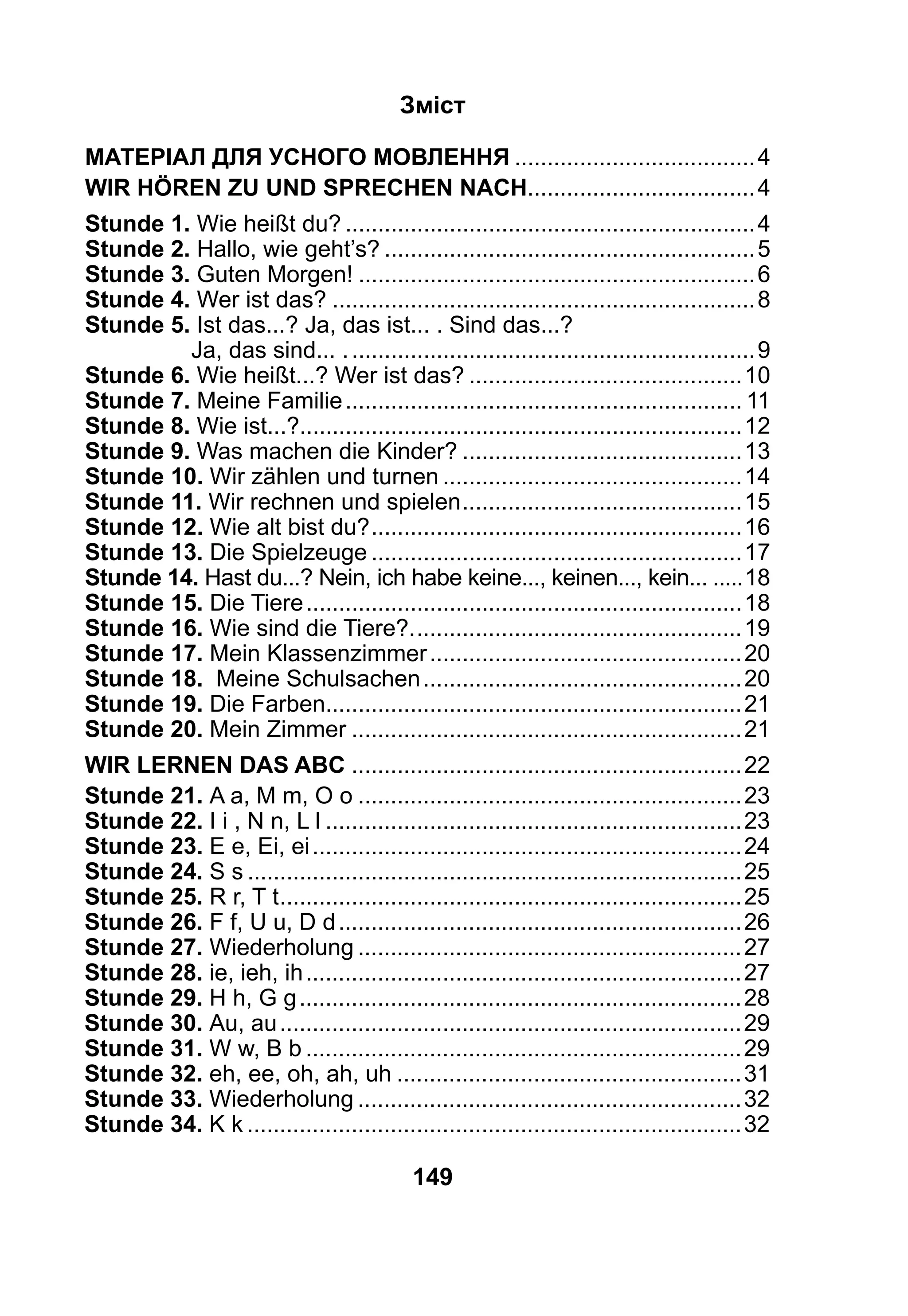 149
Зміст
Матеріал для усного мовлення......................................4
Wir hören ZU und sprechen NACH....................................4
Stunde 1. Wie heißt du?................................................................4
Stunde 2. Hallo, wie geht’s?..........................................................5
Stunde 3. Guten Morgen!..............................................................6
Stunde 4. Wer ist das?..................................................................8
Stunde 5. Ist das...? Ja, das ist... . Sind das...?
Ja, das sind... ................................................................9
Stunde 6. Wie heißt...? Wer ist das?...........................................10
Stunde 7. Meine Familie.............................................................. 11
Stunde 8. Wie ist...?.....................................................................12
Stunde 9. Was machen die Kinder?............................................13
Stunde 10. Wir zählen und turnen...............................................14
Stunde 11. Wir rechnen und spielen............................................15
Stunde 12. Wie alt bist du?..........................................................16
Stunde 13. Die Spielzeuge..........................................................17
Stunde 14. Hast du...? Nein, ich habe keine..., keinen..., kein.........18
Stunde 15. Die Tiere....................................................................18
Stunde 16. Wie sind die Tiere?....................................................19
Stunde 17. Mein Klassenzimmer.................................................20
Stunde 18. Meine Schulsachen..................................................20
Stunde 19. Die Farben................................................................21
Stunde 20. Mein Zimmer.............................................................21
Wir lernen das ABC.............................................................22
Stunde 21. A a, M m, O o............................................................23
Stunde 22. I i , N n, L l.................................................................23
Stunde 23. E e, Ei, ei...................................................................24
Stunde 24. S s.............................................................................25
Stunde 25. R r, T t........................................................................25
Stunde 26. F f, U u, D d...............................................................26
Stunde 27. Wiederholung............................................................27
Stunde 28. ie, ieh, ih....................................................................27
Stunde 29. H h, G g.....................................................................28
Stunde 30. Au, au........................................................................29
Stunde 31. W w, B b....................................................................29
Stunde 32. eh, ee, oh, ah, uh......................................................31
Stunde 33. Wiederholung............................................................32
Stunde 34. K k.............................................................................32
 
