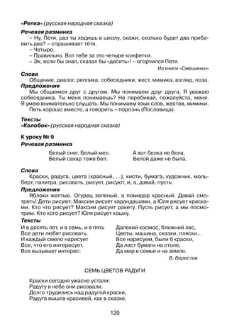 120
«Репка» (русская народная сказка)
Речевая разминка
– Ну, Петя, раз ты ходишь в школу, скажи, сколько будет два приба­
вить два? – спрашивает тётя.
– Четыре.
– Правильно. Вот тебе за это четыре конфетки.
– Эх, если бы знал, сказал бы «десять»! – огорчился Петя.
Из книги «Смешинки»
Слова
Общение, диалог, реплика, собеседники, жест, мимика, взгляд, поза.
Предложения
Мы общаемся друг с другом. Мы понимаем друг друга. Я уважаю
собеседника. Ты меня понимаешь? Не перебивай, пожалуйста, меня.
Я умею внимательно слушать. Мы понимаем язык слов, жестов, мимики.
Петь хорошо вместе, а говорить – порознь (Пословица).
Тексты
«Колобок» (русская народная сказка)
К уроку № 9
Речевая разминка
	 Белый снег. Белый мел.	 А вот белка не бела.
	 Белый сахар тоже бел.	 Белой даже не была.
Слова
Краски, радуга, цвета (красный, …), кисти, бумага, художник, моль­
берт, палитра, рисовать, рисует, рисуют, и, а, давай, пусть.
Предложения
Яблоки желтые. Огурец зеленый, а помидор красный. Давай смо­
треть! Дети рисуют. Максим рисует карандашами, а Юля рисует краска­
ми. Кто что рисует? Максим рисует ракету. Пусть рисует, а мы посмо­
трим. Кто кого рисует? Юля рисует кошку.
Тексты
И в десять лет, и в семь, и в пять
Все дети любят рисовать.
И каждый смело нарисует
Все, что его интересует.
Все вызывает интерес:
Далекий космос, ближний лес,
Цветы, машина, сказки, пляски…
Все нарисуем, были б краски,
Да лист бумаги на столе,
Да мир в семье и на земле.
В. Берестов
Семь цветов радуги
Краски сегодня ужасно устали:
Радугу в небе они рисовали.
Долго трудились над радугой краски,
Радуга вышла красивой, как в сказке.
 