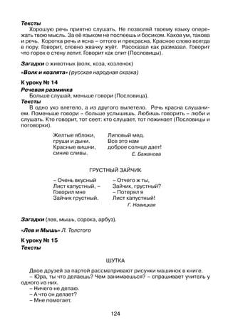 124
Тексты
Хорошую речь приятно слушать. Не позволяй твоему языку опере­
жать твою мысль. За её языком не поспеешь и босиком. Каков ум, такова
и речь. Коротка речь и ясна – оттого и прекрасна. Красное слово всегда
в пору. Говорит, словно жвачку жуёт. Рассказал как размазал. Говорит
что горох о стену летит. Говорит как спит (Пословицы).
Загадки о животных (волк, коза, козленок)
«Волк и козлята» (русская народная сказка)
К уроку № 14
Речевая разминка
Больше слушай, меньше говори (Пословица).
Тексты
В одно ухо влетело, а из другого вылетело. Речь красна слушани­
ем. Поменьше говори – больше услышишь. Любишь говорить – люби и
слушать. Кто говорит, тот сеет: кто слушает, тот пожинает (Пословицы и
поговорки).
Желтые яблоки,
груши и дыни.
Красные вишни,
синие сливы.
Липовый мед.
Все это нам
доброе солнце дает!
Е. Бажанова
Грустный зайчик
– Очень вкусный
Лист капустный, –
Говорил мне
Зайчик грустный.
– Отчего ж ты,
Зайчик, грустный?
– Потерял я
Лист капустный!
Г. Новицкая
Загадки (лев, мышь, сорока, арбуз).
«Лев и Мышь» Л. Толстого
К уроку № 15
Тексты
Шутка
Двое друзей за партой рассматривают рисунки машинок в книге.
– Юра, ты что делаешь? Чем занимаешься? – спрашивает учитель у
одного из них.
– Ничего не делаю.
– А что он делает?
– Мне помогает.
 