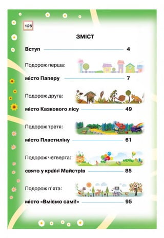 ЗМ ІС Т
Вступ
Подорож перша:
місто Паперу
■■і Чіік
я , ш ж в
Подорож друга:
місто Казкового лісу
Подорож третя:
місто Пластиламу
49
6
Подорож четверта:
свято у краон: Майстрів 85
Подорож п’ята
місто «Вміємо самі!»
Ш
95
 