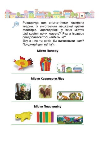 Роздивися цих симпатичних казкових
тварин. їх виготовили мешкани країни
Майстрів. Здогадайся: у яких містах
ціє країни вони живуть? Яка з грашок
сподобалася тобі найбільше?
Яку з них ти хотів би виготовити сам?
Придумай для неї ім’я
Місто Паперу
Місто Казкового Лісу
Місто Пластиліну
 