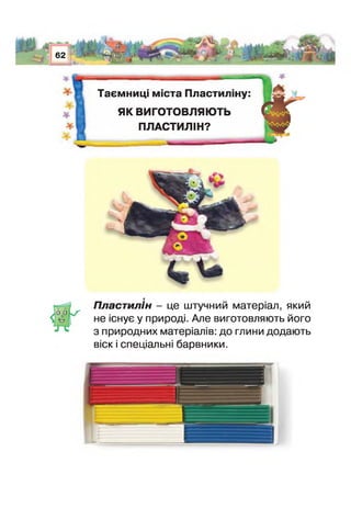 1.1
ж Е к м*
62
ш (
"ЧПГ
& * *>
. . Г •. -
'
Таємниці міста Пластил ну:
ЯК ВИГОТОВЛЯЮТЬ
ПЛАСТИЛІН?
Пластилін - це штучний матеріал, який
не існує у природі. Але виготовляють його
з природних матеріалів: до глини додають
віск і спеціальні барвники.
 
