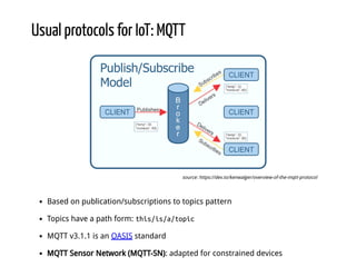 Usual protocols for IoT: MQTT
Based on publication/subscriptions to topics pattern
Topics have a path form: this/is/a/topic
MQTT v3.1.1 is an OASIS standard
MQTT Sensor Network (MQTT-SN): adapted for constrained devices
source: https://dev.to/kenwalger/overview-of-the-mqtt-protocol
 