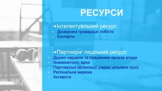➜Інтелектуальний ресурс
• Досвідчені громадські лобісти
• Експерти
➜Партнери/ людський ресурс
• Дружні нардепи та працівники органів влади
• Знаменитості, зірки
• Партнерські організації (серед цільових груп)
• Регіональна мережа
• Активісти
РЕСУРСИ
 