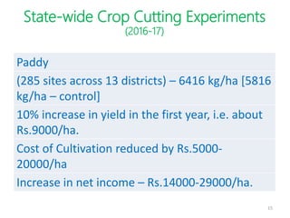 15
State-wide Crop Cutting Experiments
(2016-17)
Paddy
(285 sites across 13 districts) – 6416 kg/ha [5816
kg/ha – control]...
