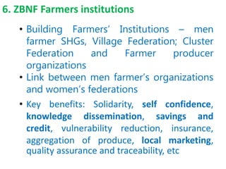 6. ZBNF Farmers institutions
• Building Farmers’ Institutions – men
farmer SHGs, Village Federation; Cluster
Federation an...