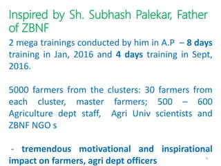4
Inspired by Sh. Subhash Palekar, Father
of ZBNF
2 mega trainings conducted by him in A.P – 8 days
training in Jan, 2016 ...