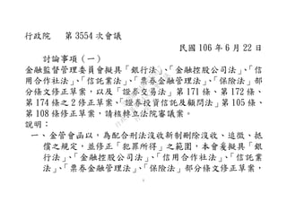 1
行政院 第 3554 次會議
民國 106 年 6 月 22 日
討論事項（一）
金融監督管理委員會擬具「銀行法」、「金融控股公司法」、「信
用合作社法」、「信託業法」、「票券金融管理法」、「保險法」部
分條文修正草案，以及「證券交易法」第 171 條、第 172 條、
第 174 條之 2 修正草案、「證券投資信託及顧問法」第 105 條、
第 108 條修正草案，請核轉立法院審議案。
說明：
一、金管會函以，為配合刑法沒收新制刪除沒收、追徵、抵
償之規定，並修正「犯罪所得」之範圍，本會爰擬具「銀
行法」、「金融控股公司法」、「信用合作社法」、「信託業
法」、「票券金融管理法」、「保險法」部分條文修正草案，
行
政
院
行
政
院
第
3554次
院
會
會
議
3B3DB93ADFF17817
 