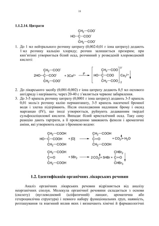 18
1.1.2.14. Цитрати
1. До 1 мл нейтрального розчину цитрату (0,002-0,01 г іона цитрату) додають
1 мл розчину кальцію хлориду; розчин залишається прозорим; при
кип’ятінні утворюється білий осад, розчинний у розведеній хлороводневій
кислоті:
2. До лікарського засобу (0,001-0,002) г іона цитрату додають 0,5 мл оцтового
ангідриду і нагрівають; через 20-40 с з’являється червоне забарвлення.
3. До 3-5 крапель розчину цитрату (0,0001 г іона цитрату) додають 3-5 крапель
0,01 моль/л розчину калію перманганату, 3-5 крапель насиченої бромної
води і злегка підігрівають. Після охолодження надлишок брому і оксид
марганцю (IV), що іноді утворюється, руйнують додаванням твердої
сульфосаліцилової кислоти. Випадає білий кристалічний осад. Таку саму
реакцію дають тартрати, а її проведенню заважають феноли і ароматичні
аміни, які утворюють осади з бромною водою:
1.2. Ідентифікація органічних лікарських речовин
Аналіз органічних лікарських речовин відрізняється від аналізу
неорганічних сполук. Молекула органічної речовини складається з основи
(скелету) (вуглеводневий (аліфатичний) ланцюг, ароматична або
гетероциклічна структура) і певного набору функціональних груп, наявність,
розташування та взаємний вплив яких і визначають хімічні й фармакологічні
C
CH2
CH2
COO
-
COO
-
COO
-
HO
2
Ca3
2+
3-
C
CH2
CH2
HO
COO
COO
COO
tº
+ 3Ca2+C
CH2
CH2
COO
-
COO
-
COO
-
2HO
+ 5Br2 2 C
CHBr2
CHBr3
OCO2 + 5HBr +C
CH2
CH2
COOH
COOH
O
+ CO2 + H2OC
CH2
CH2
COOH
COOH
O+ [O]C
CH2
CH2
HO
COOH
COOH
COOH
 