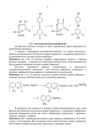 26
1.2.7. Загальні якісні реакції фенолів
До фенолів відносять сполуки в яких гідроксильна група приєднана до
ароматичного радикалу.
1. Однією з характерних властивостей фенолів є їх слабка кислотність.
Феноли розчиняються в 5% розчині натрію гідроксиду з утворенням фенолятів і
не розчиняються у розчині натрію карбонату.
Методика. До 5 мл 2% розчину морфіну гідрохлориду додають 1 краплю
розчину амоніаку – утворюється білий кристалічний осад, який розчиняється
при додаванні надлишку розчину натрію гідроксиду.
Кислотні властивості фенолів підсилюються в присутності
електроноакцепторних замісників і такі сполуки набувають розчинності в
розчинах карбонатів (трихлорфенол, нітрофеноли, 8-оксихінолін).
Методика. До 1 мл 1% розчину хінозолу додають розчин натрію карбонату –
утворюється осад, який розчиняється в надлишку реактиву:
В залежності від наявності в молекулі інших функціональних груп деякі
феноли розчиняються в розчинах натрію гідроксиду з утворенням забарвлених
розчинів. Наприклад, рутин дає жовте забарвлення, нітроксолін – оранжево-
червоне, дантрон – червоне.
Методика. 0,05 г фтивазиду розчиняють при слабкому нагрівання в 10 мл 95%
спирту і охолоджують. Від додавання однієї краплі розчину натрію гідроксиду
світло-жовте забарвлення розчину переходить в оранжево-жовте.
OH
Cl
OO
OH OH
H
CH
CH2OH
HO
+
OO
O
H
CH
CH2OH
HO
O
+
OH
N
O
Cl
OH
Cl
NH
Cl
2
2
Na2CO3. H2SO4 + Na2CO3 + Na2SO4 + CO2 + H2O
N
OH
N
OH
+ NaHCO3
N
ONa
 