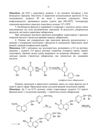 28
Методика. До 0,25 г синестролу додають 1 мл оцтового ангідриду і 2мл
безводного піридину. Кип’ятять зі зворотним холодильником протягом 15 хв,
охолоджують, додають 50 мл води і ретельно струшують. Осад
відфільтровують, промивають водою, сушать при 100-105оС. Температура
плавлення виділеного діацетату синестролу складає 137-139оС.
5. Особливістю фенолів у порівнянні зі спиртами є здатність досить легко
окиснюватися під дією різноманітних окисників. В результаті утворюються
продукти, які мають характерне забарвлення.
При змочуванні декількох крупинок апоморфіну гідрохлориду 1 краплею
нітратної кислоти з’являється криваво-червоне забарвлення.
6. Хінони, які утворюються при окисленні фенолів конденсуються з
амінами з утворенням хінонімінів і продуктів їх конденсації. Прикладом такої
реакції є реакція індофенолової спроби.
Методика. 0,05 г речовини, що досліджується, розчиняють в 0,5 мл розчину
амоніаку і додають 3-4 краплі розчину хлораміну (хлорного вапна, натрію
гіпохлориту, бромної води) суміш нагрівають на водяному обігрівачі – через
декілька хвилин з’являється забарвлення, яке змінюється від додавання
кислоти:
Реакцію окиснення в присутності амоніаку дають не лише феноли але й
деякі їх прості ефіри. Прикладом може слугувати реакція талеохінної спроби.
Методика. До 5 мл 0,1% розчину хініну гідрохлориду додають 2-3 краплі
бромної води і 1 мл розчину амоніаку – з’являється зелене забарвлення:
індофенол (синє забарвлення)
H C6H4OH
H2O
NH3[O]
O
O
O
NH
O
N OHOH
N
CH CH2
Br2
N
CH CH2
OH OH
N
CH CH2
Br Br
4NH4OH
N
H3CO
CH
OH
N
N
O
O CH
OH
CH
OHNH
NH
 