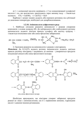 35
в) 1 г саліцилової кислоти нагрівають з 2 мл концентрованої сульфатної
кислоти і газ, що виділяється, пропускають через вапняну воду – з’являється
каламуть: CO2 + Ca(OH)2 → CaCO3↓ + H2O
Карбонат і цитрат натрію додають аби втримати речовину від сублімації
до досягання температури, необхідної для декарбоксилювання.
1.2.10. Амінокислоти аліфатичного ряду
1. Найбільш спільною реакцією амінокислот є реакція утворення
комплексів з солями купруму (II). До нейтрального або слаболужного розчину
амінокислоти додають декілька крапель сульфату або ацетату купруму –
з’являється інтенсивно-синє або синьо-фіолетове забарвлення:
2. Груповою реакцією на амінокислоти є реакція з нінгідрином.
Методика. До 0,1-0,2% водного розчину амінокислоти додають декілька
крапель розчину нінгідрину і нагрівають до кипіння – утворюються продукти
конденсації синього або синьо-фіолетового кольору:
Необхідно враховувати, що нінгідрин утворює забарвлені продукти
реакції не лише з амінокислотами, але й з первинними амінами, гідразидами
кислот і деякими іншими речовинами.
+ Na2SO4 + 2H2O
O
CH
NH2
C O
Cu
NH2
O
CO
RCH
R
2NaOH
+ CuSO42R CH COOH
NH2
C
CO
C
O
O
. H2O + R CH COOH
NH2
+ R C
O
H
+ NH3 + CO2
C
C
O
O
CHOH
NH3
сіль синьо-фіолетового кольру
O + H2 N H + HO H
C
C
O
O
C
C
C
O
O
C
C
C
O
O
C N
O
OH
C
C
C
C
O
O
C N
O
C
C
ONH4
 
