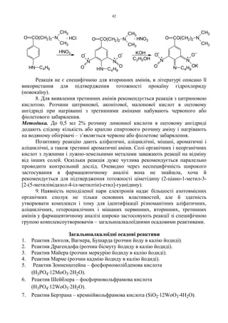 42
Реакція не є специфічною для вторинних амінів, в літературі описано її
використання для підтвердження тотожності прокаїну гідрохлориду
(новокаїну).
8. Для виявлення третинних амінів рекомендується реакція з цитриновою
кислотою. Розчини цитринової, аконітової, малонової кислот в оцтовому
ангідриді при нагріванні з третинними амінами набувають червоного або
фіолетового забарвлення.
Методика. До 0,5 мл 2% розчину лимонної кислоти в оцтовому ангідриді
додають слідову кількість або краплю спиртового розчину аміну і нагрівають
на водяному обігрівачі – з’являється червоне або фіолетове забарвлення.
Позитивну реакцію дають аліфатичні, аліциклічні, мішані, ароматичні і
аліциклічні, а також третинні ароматичні аміни. Солі органічних і неорганічних
кислот з лужними і лужно-земельними металами заважають реакції на відміну
від інших солей. Оскільки реакція дуже чутлива рекомендується паралельно
проводити контрольний дослід. Очевидно через неспецифічність широкого
застосування в фармацевтичному аналізі вона не знайшла, хоча й
рекомендується для підтвердження тотожності ціметідину (2-ціано-1-метил-3-
[2-(5-метилімідазол-4-іл-метилтіо)-етил]-гуанідину).
9. Наявність неподіленої пари електронів надає більшості азотовмісних
органічних сполук не тільки основних властивостей, але й здатність
утворювати комплекси і тому для ідентифікації різноманітних аліфатичних,
аліциклічних, гетероциклічних і мішаних первинних, вторинних, третинних
амінів у фармацевтичному аналізі широко застосовують реакції зі специфічною
групою комплексоутворювачів – загальноалкалоїдними осадовими реактивами.
Загальноалкалоїдні осадові реактиви
1. Реактив Люголя, Вагнера, Бушарда (розчин йоду в калію йодиді).
2. Реактив Драгендофа (розчин бісмуту йодиду в калію йодиді).
3. Реактив Майера (розчин меркурію йодиду в калію йодиді).
4. Реактив Марме (розчин кадмію йодиду в калію йодиді).
5. Реактив Зонненштейна – фосфорномолібденова кислота
(H3PO4
.12MoO3
.2H2O).
6. Реактив Шейблера – фосфорновольфрамова кислота
(H3PO4
.12WoO3
.2H2O).
7. Реактив Бертрана – кремнійвольфрамова кислота (SiO2
.12WoO3
.4H2O).
C2H5OH
KOH
+ +
. HNO3
++
N
O
O
H
HNO3
. HCl
H
CO(CH2)2O N
CH3
CH3
N C4H9
CO(CH2)2O N
CH3
CH3
N C4H9
N
O
O
CH3
CH3
NO CO(CH2)2
N
O
O
C4H9N
O
N
OK
 