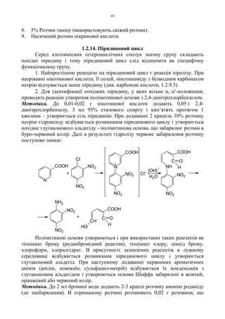 43
8. 5% Розчин таніну (використовують свіжий розчин).
9. Насичений розчин пікринової кислоти.
1.2.14. Піридиновий цикл
Серед азотовмісних гетероциклічних сполук значну групу складають
похідні піридину і тому піридиновий цикл слід відзначити як специфічну
функціональну групу.
1. Найпростішою реакцією на піридиновий цикл є реакція піролізу. При
нагріванні нікотинової кислоти, її солей, нікотинаміду з безводним карбонатом
натрію відчувається запах піридину (див. карбонові кислоти, 1.2.9.3).
2. Для ідентифікації похідних піридину, у яких вільне α, α'-положення,
проводять реакцію утворення поліметинової основи з 2,4-динітрохлорбензолом.
Методика. До 0,01-0,02 г нікотинової кислоти додають 0,05 г 2,4-
динітрохлорбензолу, 3 мл 95% етилового спирту і кип’ятять протягом 1
хвилини – утворюється сіль піридинію. При додаванні 2 крапель 10% розчину
натрію гідроксиду відбувається розмикання піридинового циклу і утворюється
похідне глутаконового альдегіду - поліметинова основа, що забарвлює розчин в
буро-червоний колір. Далі в результаті гідролізу червоне забарвлення розчину
поступово зникає:
Поліметинові основи утворюються і при використанні таких реагентів як
тіоціанат брому (роданбромідний реактив), тіоціанат хлору, ціанід брому,
хлороформ, хлоралгідрат. В присутності зазначених реагентів в лужному
середовищі відбувається розмикання піридинового циклу і утворюється
глутаконовий альдегід. При наступному додаванні первинних ароматичних
амінів (анілін, новокаїн, сульфацил-натрій) відбувається їх конденсація з
глутаконовим альдегідом і утворюються основи Шиффа забарвлені в жовтий,
оранжевий або червоний колір.
Методика. До 2 мл бромної води додають 2-3 краплі розчину амонію роданіду
(до знебарвлення). В отриманому розчині розчиняють 0,02 г речовини, що
H2O
[OH]
+
CH
HO
C O
H
C O
H
Cl
-
+
+
N
COOH NO2
Cl
NO2
COOH
N
NO2
NO2
NH
COOH
COOH
NO2
NO2
NO2
NO2
NH2
 