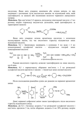 46
кислотами. Якщо амід утворено амоніаком або летким аміном, то при
нагріванні з розчинами лугів виділяється амоніак чи відповідний амін, який
ідентифікують за запахом або посинінням вологого червоного лакмусового
папірця.
Методика. При кип’ятінні 2-3 крапель діетиламіду нікотинової кислоти з 3 мл
розчину натрію гідроксиду виділяється діетиламін, який ідентифікують за
характерним запахом:
Якщо амід утворено леткою органічною кислотою з незначною
молекулярною масою, під час кислотного гідролізу відчувається запах
відповідної кислоти.
Методика. 0,2 г бромізовалу нагрівають з сумішшю 3 мл води і 2 мл
концентрованої сульфатної кислоти – відчувається гострий запах
ізовалеріанової кислоти:
Реакція кислотного гідролізу дозволяє ідентифікувати не лише кислоту,
але й амін.
Методика. 0,1 г парацетамолу обережно кип’ятять з 2 мл розведеної
сульфатної кислоти протягом 2 хвилин – з’являється запах оцтової кислоти:
Після охолодження реакційна суміш дає реакцію на первинні ароматичні
аміни:
Деякі первинні аліфатичні аміни також ідентифікують після кислотного
гідролізу відповідного аміду.
Методика. До 0,1 г бутаміду додають 5 мл розведеної сульфатної кислоти і
кип’ятять протягом 3 хв, потім обережно додають 6 мл 30% розчину натрію
α-бромізовалеріанова кислота
+ (NH4)2SO4 + CO2CH C NH C NH2
Br O O
CH
H3C
H3C
H2SO4
H2O
CH
H3C
H3C
CH
Br
COOH
+ CH3COOH
tº
H2O; H2SO4
HO NH C CH3
O
HO NH2
N N
HCl
NaNO2
+
Cl
-
NaOH
NH2
OH OH
OH ONa
N N
ONa
COONaC
O
N(C2H5)2
N
N
NaOH
+ HN (C2H5)2
 