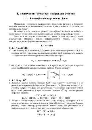 6
1. Визначення тотожності лікарських речовин
1.1. Ідентифікація неорганічних іонів
Визначення тотожності неорганічних лікарських речовин у більшості
випадків зводиться до ідентифікації окремих іонів – аніонів та катіонів, що
входять до їх складу.
В цьому розділі наведено реакції ідентифікації катіонів та аніонів, а
також деяких органічних аніонів, які входять до складу лікарських речовин.
Методики викладено відповідно до вимог діючої науково-технічної
документації. Наведено також нефармакопейні реакції, які часто
використовуються в фармацевтичному аналізі.
1.1.1. Катіони
1.1.1.1. Амоній NH4
+
1. 1 мл розчину солі амонію (0,002-0,006 г іона амонію) нагрівають з 0,5 мл
розчину натрію гідроксиду; виділяється амоніак, який виявляють за запахом
та посинінням вологого червоного лакмусового папірця:
2. 0,01-0,02 г солі амонію розчиняють в 1 краплі води, додають 1 краплю
реактиву Несслера; утворюється осад червоно-бурого кольору:
1.1.1.2. Бісмут Bi3+
1. Лікарські засоби бісмуту (близько 0,05 г іона бісмуту) збовтують з 3 мл
розведеної хлороводневої кислоти і фільтрують. До фільтрату додають 1 мл
розчину натрію сульфіду або сірководню; утворюється коричнево-чорний
осад, який розчиняється при додаванні рівного об’єму концентрованої
нітратної кислоти.
2Bi3+
+ 3S2-
→ Bi2S3↓
Bi2S3 + 8HNO3 → 2Bi(NO3)3 + 2NO↑ + 3S↓ + 4H2O
2. Лікарські засоби бісмуту (близько 0,05 г іона бісмуту) збовтують з 5 мл
розведеної сульфатної кислоти і фільтрують. До фільтрату додають 2 краплі
розчину калію йодиду; утворюється чорний осад, що розчиняється в
надлишку реактиву; з’являється жовтувато-оранжеве забарвлення:
Bi3+
+ 3I- → BiI3↓
↓ BiI3 + I- → [BiI4]-
NH4
+
+ OH
-
NH4OH NH3 + H2O
NH4
+
+ 2HgI4
2-
+ 2OH
-
NH2
Hg
Hg
I
I
+
I
-
+ 5I
-
+ 2H2O
 