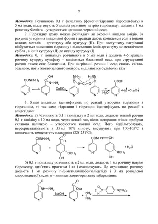52
Методика. Розчиняють 0,1 г фенелзину (фенетилгідразину гідросульфату) в
5 мл води, підлуговують 5 моль/л розчином натрію гідроксиду і додають 1 мл
реактиву Фелінга – утворюється цеглинно-червоний осад.
2. Гідразидну групу можна розглядати як окремий випадок амідів. За
рахунок утворення імідольної форми гідразиди дають комплексні солі з іонами
важких металів – аргентуму або купруму (II). При наступному нагріванні
відбувається окиснення гідразину і відновлення іонів аргентуму до металічного
срібла , а іонів купруму (II) до оксиду купруму (I).
Методика. 0,1 г ізоніазиду розчиняють в 5 мл води і додають 4-5 крапель
розчину купруму сульфату – виділяється блакитний осад, при струшуванні
розчин також стає блакитним. При нагріванні розчин і осад стають світло-
зеленого, потім жовто-зеленого кольору, виділяються бульбочки газу:
3. Якщо альдегіди ідентифікують по реакції утворення гідразонів з
гідразином, то так само гідразини і гідразиди ідентифікують по реакції з
альдегідами.
Методика. а) Розчиняють 0,1 г ізоніазиду в 2 мл води, додають теплий розчин
0,1 г ваніліну в 10 мл води, через деякий час, після потирання стінок пробірки
скляною паличкою – утворюється жовтий осад. Його відфільтровують,
перекристалізовують в 35 мл 70% спирту, висушують при 100-105о
С і
визначають температуру плавлення (226-231о
С):
б) 0,1 г ізоніазиду розчиняють в 2 мл води, додають 1 мл розчину натрію
гідроксиду, кип’ятять протягом 1 хв і охолоджують. До отриманого розчину
додають 1 мл розчину п-диметиламінобензальдегіду і 3 мл розведеної
хлороводневої кислоти – виникає жовто-оранжеве забарвлення:
N
CONHNH2
N
C
OH
N NH2
CuSO4
NN
C
O Cu O
C
NNH2 H2NN
H2O
tº
N
COOH
+N2 +Cu2O
N
CONHNH2
+
OH
OCH3
C
H
O
N
CONHN CH
OCH3
OH
+ H2O
N(CH3)2C
O
H
C
O
ONa
C
O
NH NH2
NN
2
NH2
NH2
+
NaOH
 