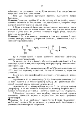 55
забарвлення, що переходить у зелене. Після додавання 1 мл оцтової кислоти
забарвлення переходить у світло-синє.
Іноді для виділення сірководню речовину відновлюють натрію
форміатом.
Методика. Змішують у пробірці 10 мг тіогуанідину з 10 мг форміату натрію і
обережно нагрівають до розплавлення – газ, що виділяється, забарвлює папір,
змочений плюмбуму ацетатом, в темний колір.
4. Тіоли, в порівнянні зі спиртами, мають підвищену кислотність і дають
комплексні солі з іонами важких металів. Таку саму реакцію дають також
тіоаміди і деякі тіони. В утворенні комплексів беруть участь неподілені
електронні пари сульфуру.
Методика. а) 0,01 г мерказолілу розчиняють в 1 мл води, додають 2 краплі
розчину аргентуму нітрату – утворюється білий осад, нерозчинний у воді й
надлишку нітратної кислоти:
Ця ж реакція лежить в основі кількісного визначення мерказолілу
методом непрямої алкаліметрії.
б) розчиняють 10 мг етіонаміду (2-етилпіридин-4-карботіоамід) в 5 мл
метанолу і додають 5 мл 0,1 моль/л розчину аргентуму нітрату – випадає темно-
коричневий осад;
в) розчиняють 20 мг меркаптопурину в 20 мл 96% етанолу, нагрівають до
60о
С і додають 1 мл розчину меркурію (II) ацетату в 96% етанолі – утворюється
білий осад.
Досить часто для ідентифікації тіосполук застосовують реакцію з солями
купруму (II).
г) розчиняють 0,1 мл димеркаптолу ((R,S)-2,3-димеркаптопропанол-1) в 5
мл води і додають 2 мл розчину сульфату купруму (II) – утворюється синьо-
чорний осад, який швидко переходить у темно-сірий;
д) розчиняють 0,1 г моносульфіраму в суміші 0,15 мл розчину купруму
(II) сульфату і 5 мл 96% етанолу й випарюють на водяному обігрівачі досуха;
залишок розчиняють у хлороформі – з’являється жовто-коричневе забарвлення.
5. Неподілені електронні пари сульфуру надають сполуці здатність
утворювати комплекси, зокрема з тетрайодбісмутатом калію (реактивом
Драгендорфа).
Методика. До 5 мг карбімазолу (етил-3-метил-2-тіоксо-4-імідазоліно-1-
карбоксилат) додають 0,05 мл розведеного розчину калію йодбісмутату –
утворюється яскраво-червоне забарвлення.
+ HNO3+ AgNO3
N
SH
CH3
N
N
SAg
CH3
N
 