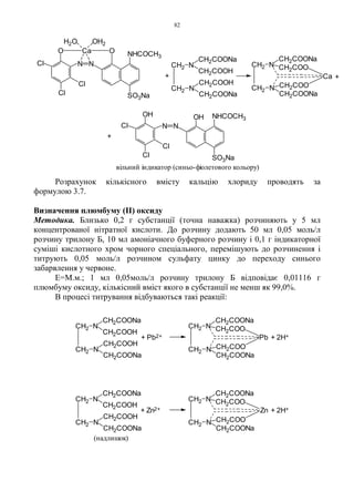 82
Розрахунок кількісного вмісту кальцію хлориду проводять за
формулою 3.7.
Визначення плюмбуму (ІІ) оксиду
Методика. Близько 0,2 г субстанції (точна наважка) розчиняють у 5 мл
концентрованої нітратної кислоти. До розчину додають 50 мл 0,05 моль/л
розчину трилону Б, 10 мл амоніачного буферного розчину і 0,1 г індикаторної
суміші кислотного хром чорного спеціального, перемішують до розчинення і
титрують 0,05 моль/л розчином сульфату цинку до переходу синього
забарвлення у червоне.
Е=М.м.; 1 мл 0,05моль/л розчину трилону Б відповідає 0,01116 г
плюмбуму оксиду, кількісний вміст якого в субстанції не менш як 99,0%.
В процесі титрування відбуваються такі реакції:
CH2 N
CH2COONa
CH2COONa
NCH2
Pb
CH2COO
CH2COO
CH2 N
CH2COONa
CH2COOH
CH2COONa
CH2COOH
NCH2
+ Pb2+ + 2H+
+ Zn2+ + 2H+
CH2 N
CH2COONa
CH2COOH
CH2COONa
CH2COOH
NCH2
CH2 N
CH2COONa
CH2COONa
NCH2
Zn
CH2COO
CH2COO
(надлишок)
+
CH2 N
CH2COONa
CH2COONa
NCH2
Ca
CH2COO
CH2COO
CH2 N
CH2COONa
CH2COOH
CH2COONa
CH2COOH
NCH2
+
Cl
H2O OH2
Cl
Cl SO3Na
O Ca O
NN
NHCOCH3
вільний індикатор (синьо-фіолетового кольору)
+
Cl
Cl
Cl
OH OH NHCOCH3
SO3Na
N N
 