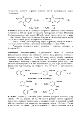 89
еквівалентна кількість нітратної кислоти, яку й відтитровують натрію
гідроксидом:
Методика. Близько 0,4 г попередньо висушеної речовини (точна наважка)
розчиняють у 100 мл окропу (попередньо перевареного протягом 15 хвилин).
До охолодженого розчину додають 25 мл 0,1 моль/л розчину аргентуму нітрату,
1-1,5 мл розчину фенолового червоного й титрують 0,1 моль/л розчином натрію
гідроксиду до появи фіолетово-червоного забарвлення.
Е=М.м.; 1 мл 0,1 моль/л розчину натрію гідроксиду відповідає 0,01802 г
теофіліну, якого у висушеній субстанції повинно бути не менш 99,0%.
Розрахунок кількісного вмісту теофіліну у відсотках проводять за
формулою 3.5.
Визначення фенілсаліцилату. Карбоксильна група в молекулі
фенілсаліцилату заблокована залишком фенолу, тому речовину попередньо
омилюють точно виміряним об’ємом 0,5 моль/л розчину натрію гідроксиду.
Надлишок натрію гідроксиду відтитровують 0,5 моль/л розчином кислоти
хлороводневої. Індикатор – бромкрезоловий пурпуровий (pH=5,5-6,8), який
дозволяє відтитровувати не тільки надлишковий луг, але й луг, що зв’язаний з
фенольними гідроксилами, не титруючи луг, зв’язаний з карбоксильною
групою:
Методика. Близько 1 г субстанції (точна наважка) вміщують в конічну колбу
ємністю 100 мл, додають 25 мл 0,5 моль/л розчину натрію гідроксиду,
приєднують зворотній холодильник і, зануривши колбу в киплячий водяний
обігрівач, нагрівають до зникнення маслянистих крапель (1-1,5 год.). Розчин
охолоджують і надлишок лугу відтитровують 0,5 моль/л розчином кислоти
HNO3 + NaOH NaNO3 + H2O
+ HNO3
N
AgNN
N
O
O
H3C
CH3
+ AgNO3
N
NHN
N
O
O
H3C
CH3
NaCl ++ HCl
NaCl ++ HCl
NaOH + HCl NaCl + H2O
+ 2H2O++ 3NaOH
OH
COOC6H5
ONa
COONa ONa
ONa
COONa
OH
COONa
ONa OH
 