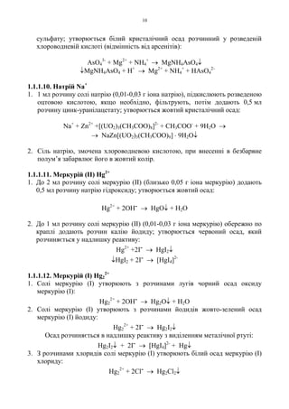 10
сульфату; утворюється білий кристалічний осад розчинний у розведеній
хлороводневій кислоті (відмінність від арсенітів):
AsO4
3-
+ Mg2+
+ NH4
+
→ MgNH4AsO4↓
↓MgNH4AsO4 + H+
→ Mg2+
+ NH4
+
+ HAsO4
2-
1.1.1.10. Натрій Na+
1. 1 мл розчину солі натрію (0,01-0,03 г іона натрію), підкислюють розведеною
оцтовою кислотою, якщо необхідно, фільтрують, потім додають 0,5 мл
розчину цинк-уранілацетату; утворюється жовтий кристалічний осад:
Na+
+ Zn2+
+[(UO2)3(CH3COO)8]2-
+ CH3COO-
+ 9H2O →
→ NaZn[(UO2)3(CH3COO)9] . 9H2O↓
2. Сіль натрію, змочена хлороводневою кислотою, при внесенні в безбарвне
полум’я забарвлює його в жовтий колір.
1.1.1.11. Меркурій (II) Hg2+
1. До 2 мл розчину солі меркурію (II) (близько 0,05 г іона меркурію) додають
0,5 мл розчину натрію гідроксиду; утворюється жовтий осад:
Hg2+
+ 2OH- → HgO↓ + H2O
2. До 1 мл розчину солі меркурію (II) (0,01-0,03 г іона меркурію) обережно по
краплі додають розчин калію йодиду; утворюється червоний осад, який
розчиняється у надлишку реактиву:
Hg2+
+2I- → HgI2↓
↓HgI2 + 2I- → [HgI4]2-
1.1.1.12. Меркурій (I) Hg2
2+
1. Солі меркурію (I) утворюють з розчинами лугів чорний осад оксиду
меркурію (I):
Hg2
2+
+ 2OH- → Hg2O↓ + H2O
2. Солі меркурію (I) утворюють з розчинами йодидів жовто-зелений осад
меркурію (I) йодиду:
Hg2
2+
+ 2І- → Hg2І2↓
Осад розчиняється в надлишку реактиву з виділенням металічної ртуті:
Hg2І2↓ + 2І- → [HgI4]2-
+ Hg↓
3. З розчинами хлоридів солі меркурію (I) утворюють білий осад меркурію (І)
хлориду:
Hg2
2+
+ 2Cl- → Hg2Cl2↓
 