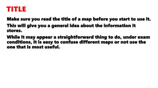 Sometimes it is necessary to be even more accurate. In this case
you can imagine that each grid is divided into 100 tiny squares.
The distance between one grid line and the next is divided into
tenths.
• First, find the four-figure grid reference but leave a space
after the first two digits. When you get to the easting at the
left-hand side of the grid square you want, keep moving east
and estimate or measure how many tenths across your symbol
lies. Write this number after the first two digits.
• Next, move north from the bottom-left-hand corner of your
grid square and estimate how many tenths your symbol is
from this point. Put them together to create a six figure grid
reference.
 