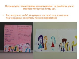 Προχωρώντας, παρατηρήσαμε και καταγράψαμε τις ομοιότητες και τις
διαφορές που έχουμε μεταξύ μας.
• Στη συνέχεια τα παιδιά, ζωγράφισαν τον εαυτό τους και κάποιον
που τους μοιάζει και κάποιον που είναι διαφορετικός.
 