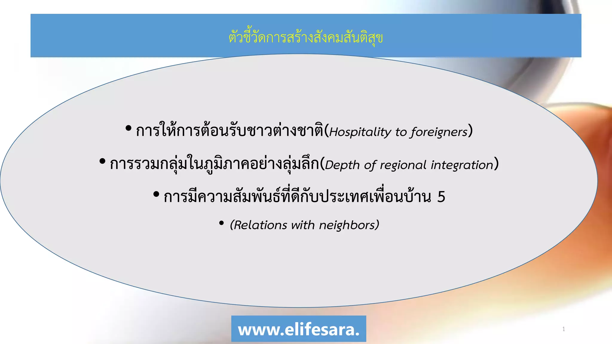 ตัวชี้วัดการสร้างสังคมสันติสุข
1
•การให้การต้อนรับชาวต่างชาติ(Hospitality to foreigners)
•การรวมกลุ่มในภูมิภาคอย่างลุ่มลึก(Depth of regional integration)
•การมีความสัมพันธ์ที่ดีกับประเทศเพื่อนบ้าน 5
• (Relations with neighbors)
www.elifesara.
 